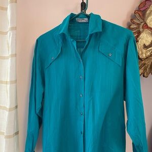 Jaeger London Teal Casual Sheer Cotton Shirt w Woven Stripe Medium Quiet Luxury